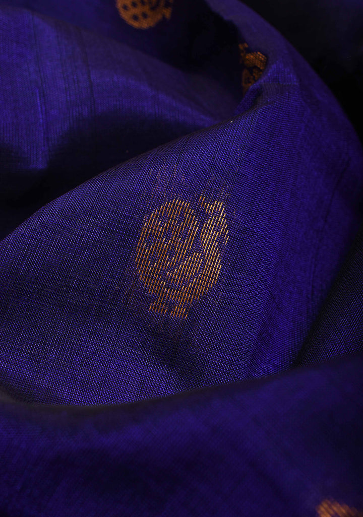 Deep Blue Kanchi Silk Cotton Saree with Peacock Buttas and Contrast Wide Zari Border