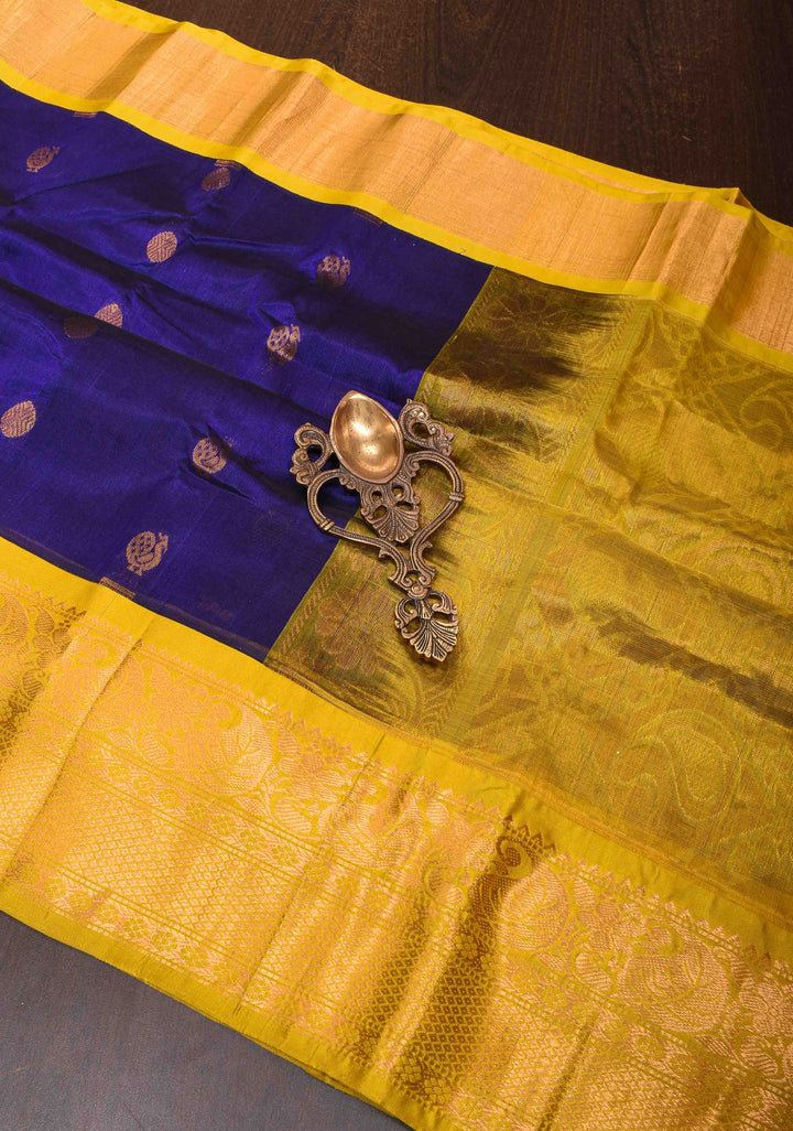 Deep Blue Kanchi Silk Cotton Saree with Peacock Buttas and Contrast Wide Zari Border