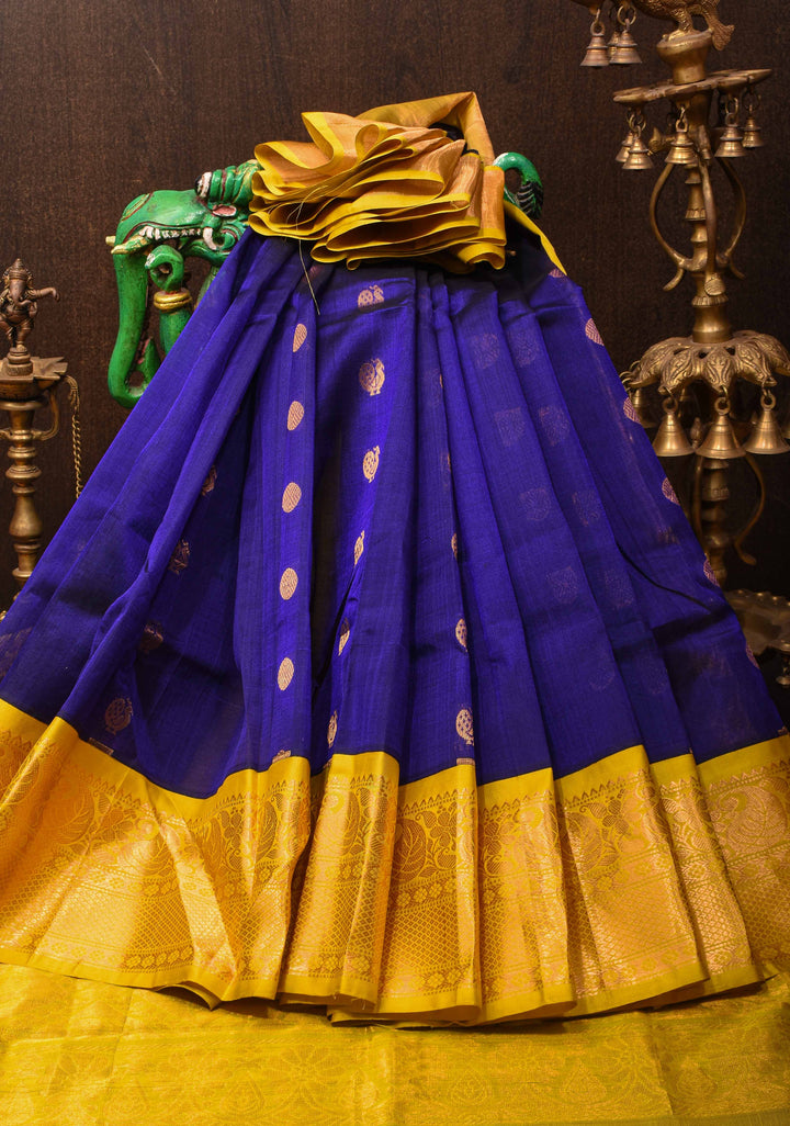 Deep Blue Kanchi Silk Cotton Saree with Peacock Buttas and Contrast Wide Zari Border