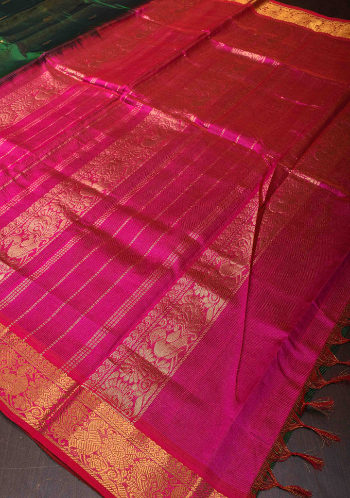 Elegant Green Kanchi Silk Cotton Checked Saree with Zari Buttas and Contrast Zari Border