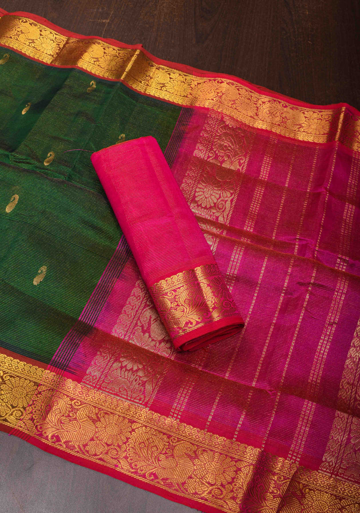 Elegant Green Kanchi Silk Cotton Checked Saree with Zari Buttas and Contrast Zari Border