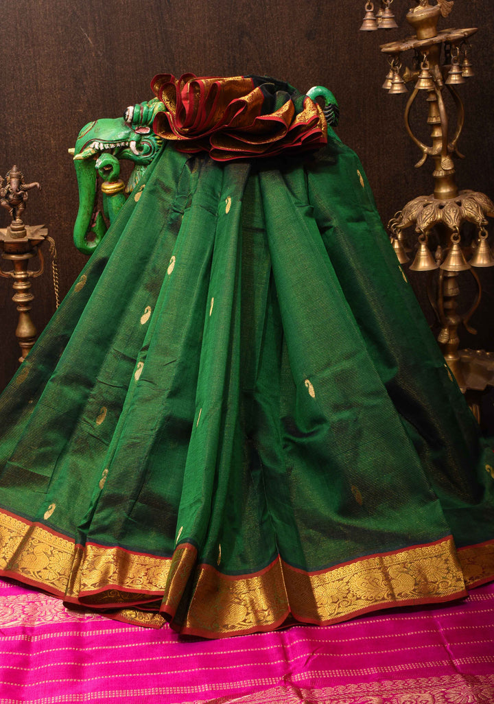 Elegant Green Kanchi Silk Cotton Checked Saree with Zari Buttas and Contrast Zari Border