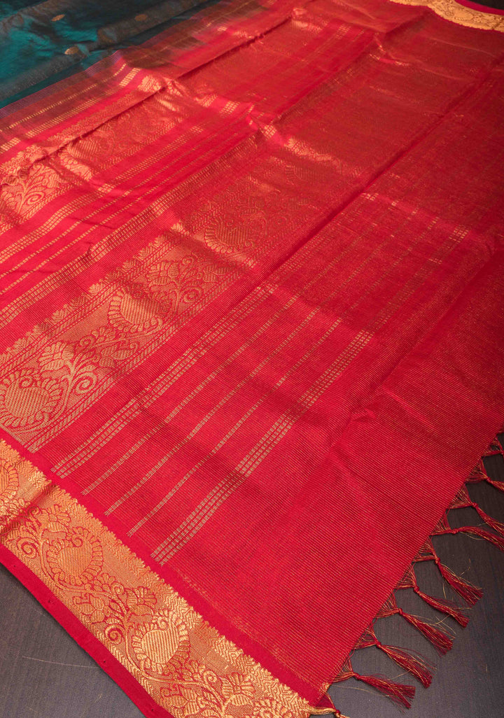 Kanchi Silk Cotton Saree with Contrast Zari Border in Prussian Blue and Pink