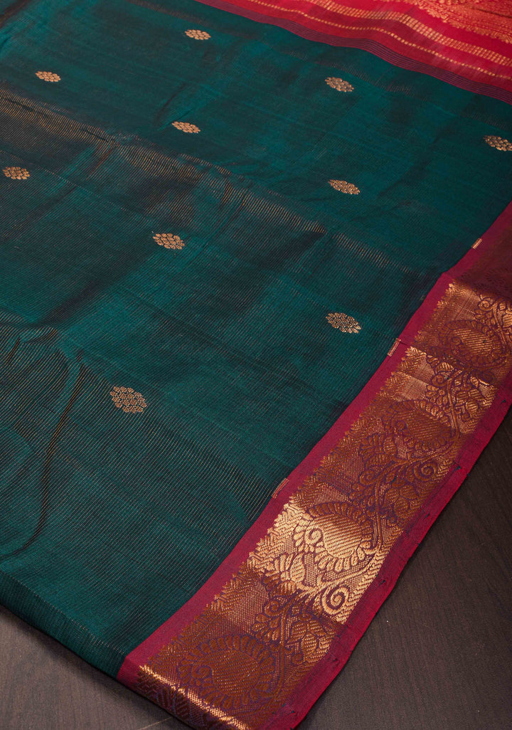 Kanchi Silk Cotton Saree with Contrast Zari Border in Prussian Blue and Pink