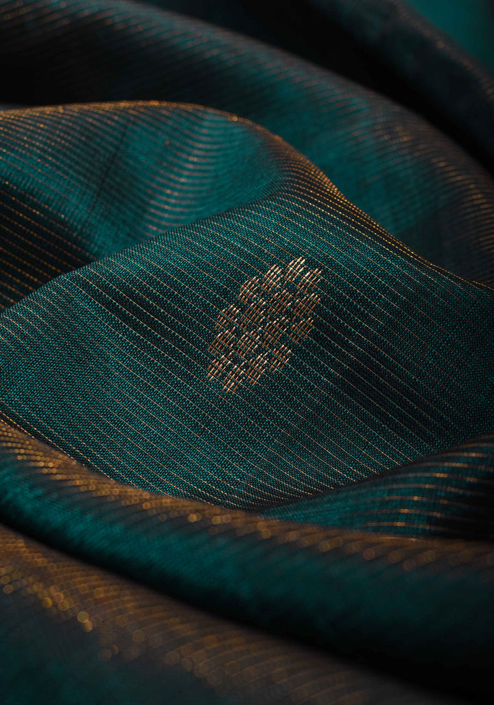 Kanchi Silk Cotton Saree with Contrast Zari Border in Prussian Blue and Pink