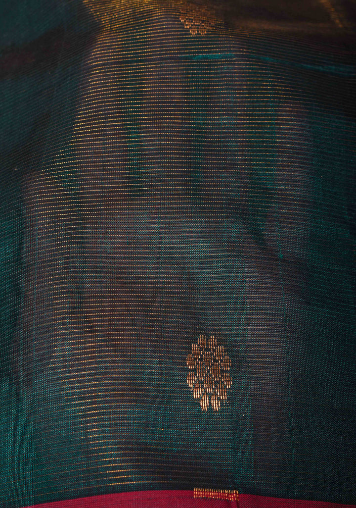 Kanchi Silk Cotton Saree with Contrast Zari Border in Prussian Blue and Pink