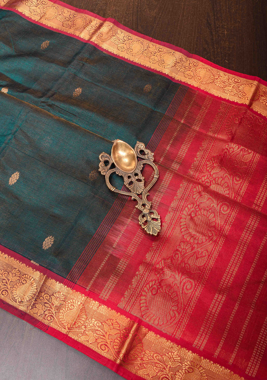 Kanchi Silk Cotton Saree with Contrast Zari Border in Prussian Blue and Pink