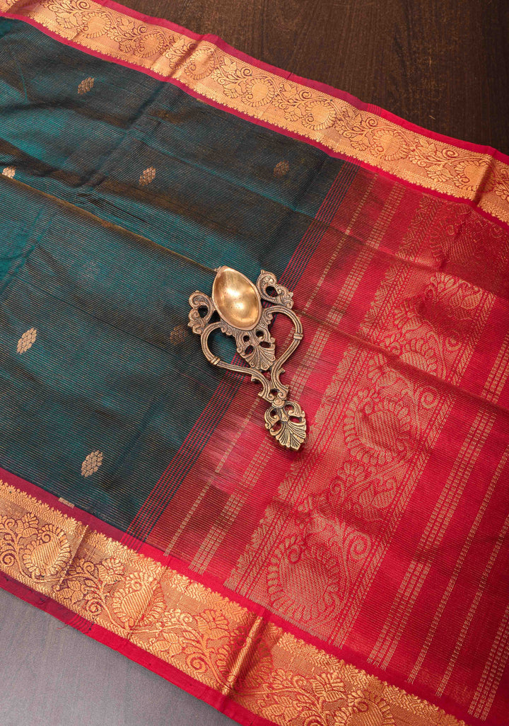 Kanchi Silk Cotton Saree with Contrast Zari Border in Prussian Blue and Pink
