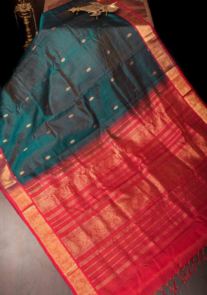 Kanchi Silk Cotton Saree with Contrast Zari Border in Prussian Blue and Pink