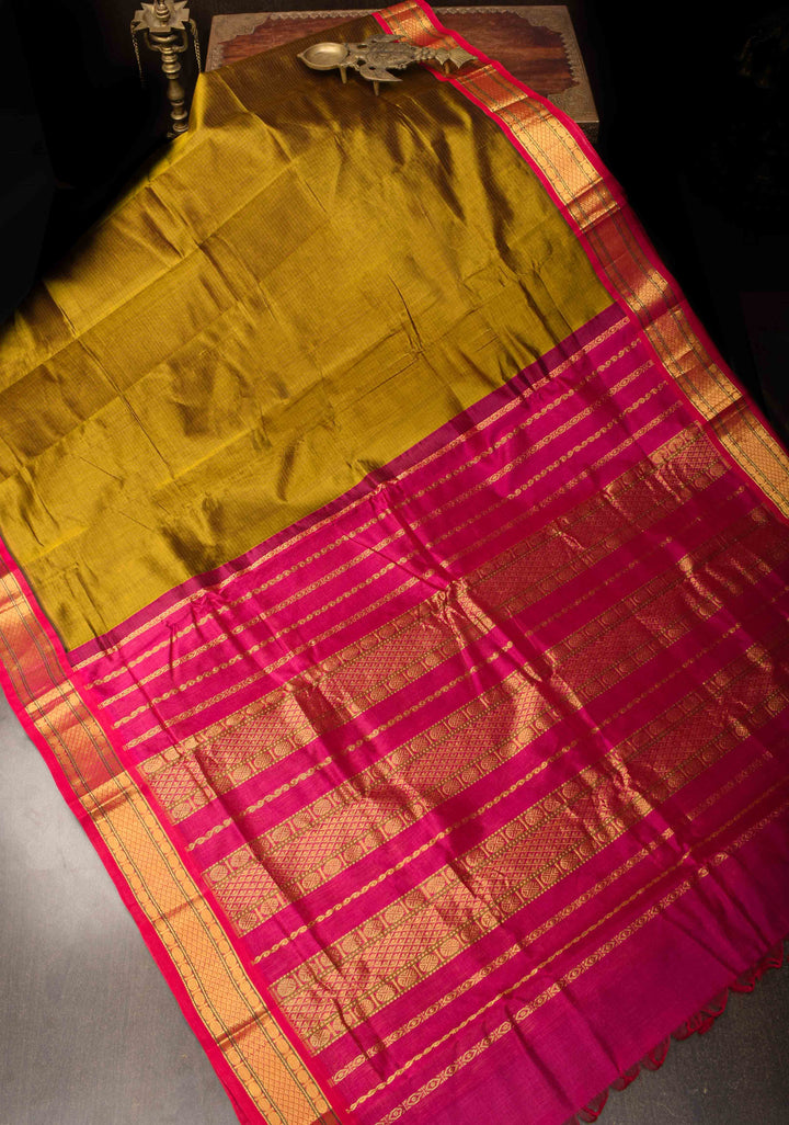 Checks Kanchi Silk Cotton Handloom Saree in Henna Green with Contrast Zari Border