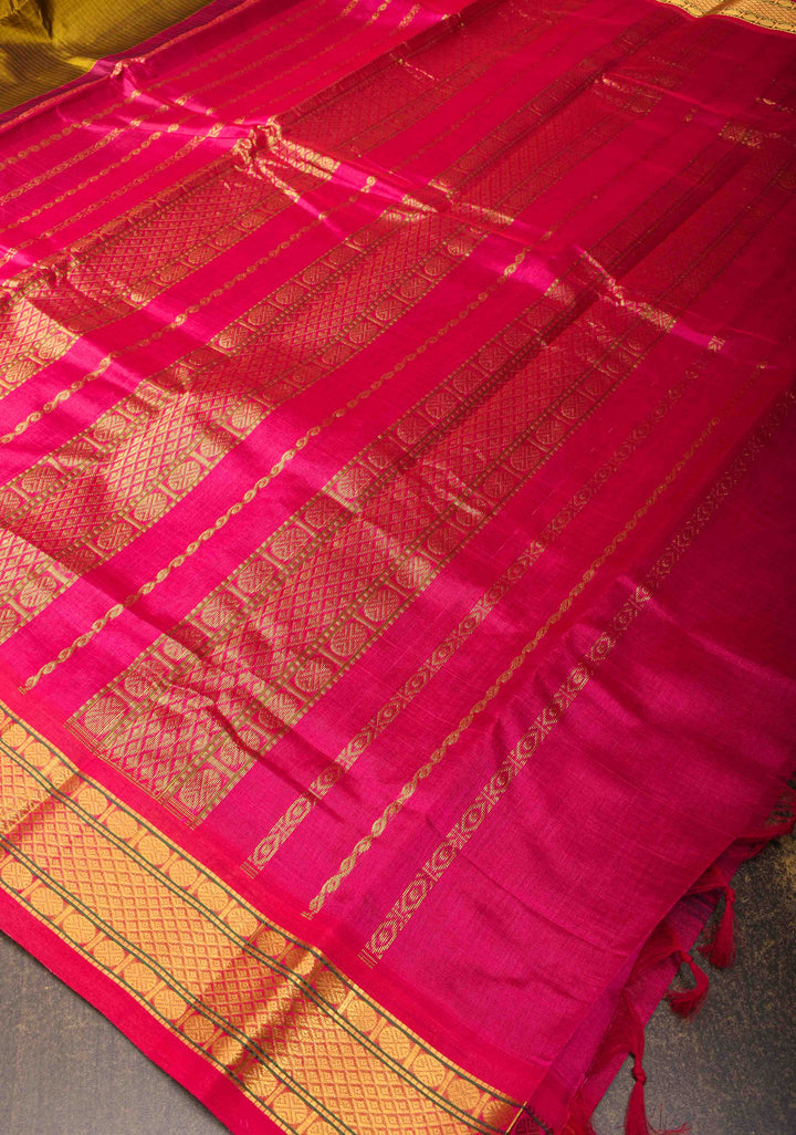 Checks Kanchi Silk Cotton Handloom Saree in Henna Green with Contrast Zari Border