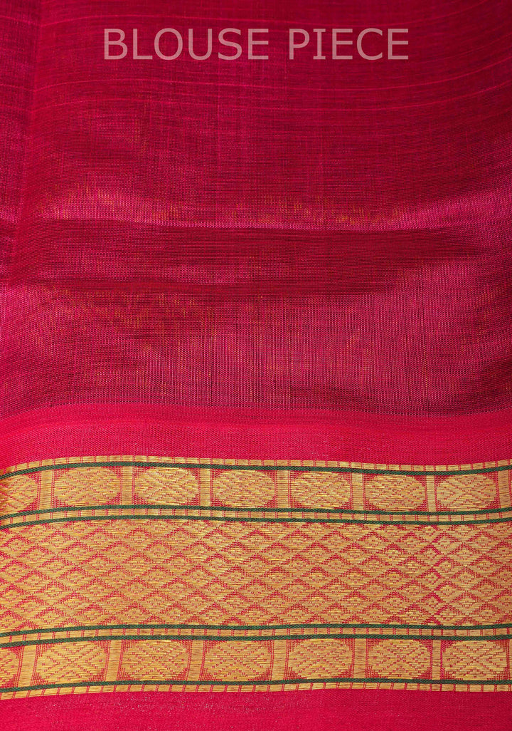 Checks Kanchi Silk Cotton Handloom Saree in Henna Green with Contrast Zari Border