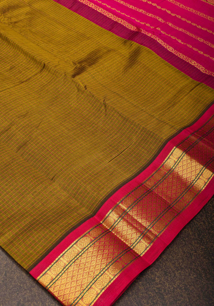 Checks Kanchi Silk Cotton Handloom Saree in Henna Green with Contrast Zari Border