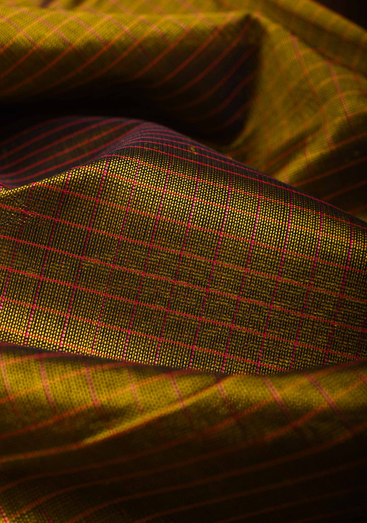 Checks Kanchi Silk Cotton Handloom Saree in Henna Green with Contrast Zari Border