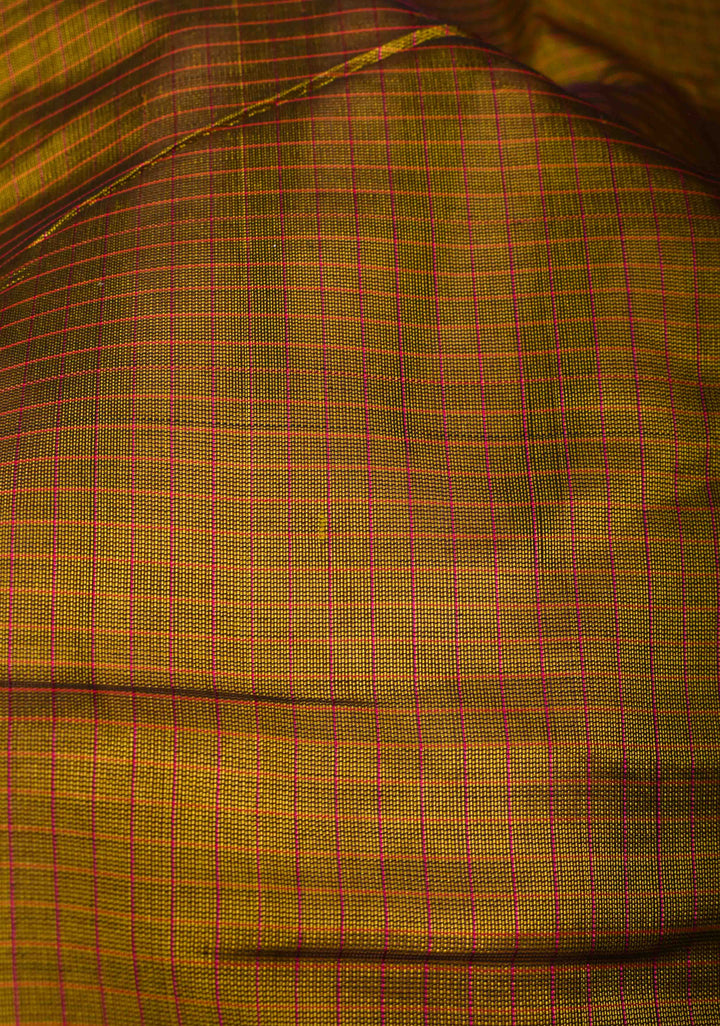 Checks Kanchi Silk Cotton Handloom Saree in Henna Green with Contrast Zari Border