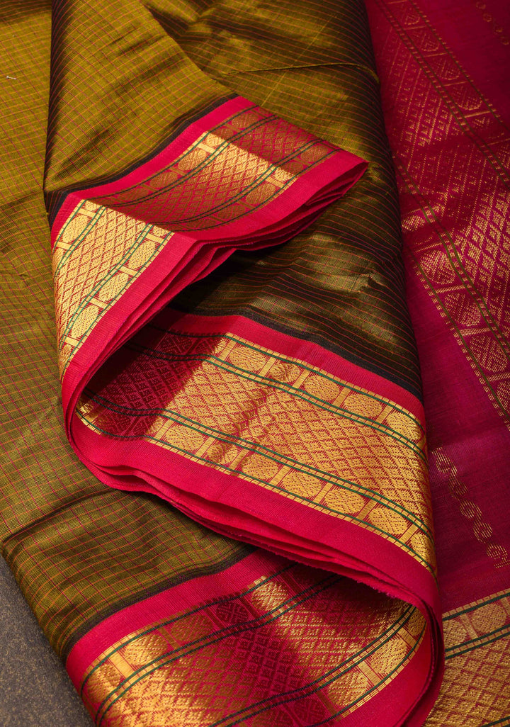 Checks Kanchi Silk Cotton Handloom Saree in Henna Green with Contrast Zari Border
