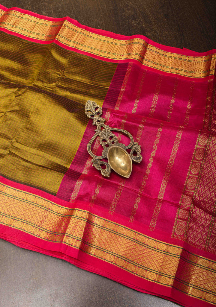 Checks Kanchi Silk Cotton Handloom Saree in Henna Green with Contrast Zari Border