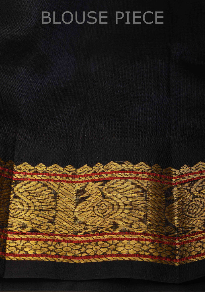 Korvai Handloom weave Green and Black Kanchi Silk Cotton Saree with Contrast Borders