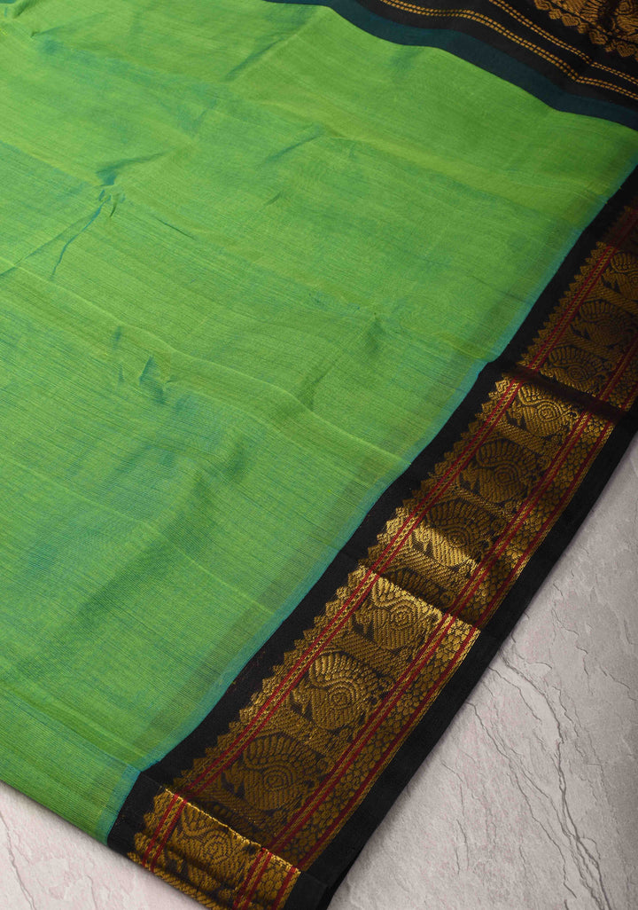 Korvai Handloom weave Green and Black Kanchi Silk Cotton Saree with Contrast Borders