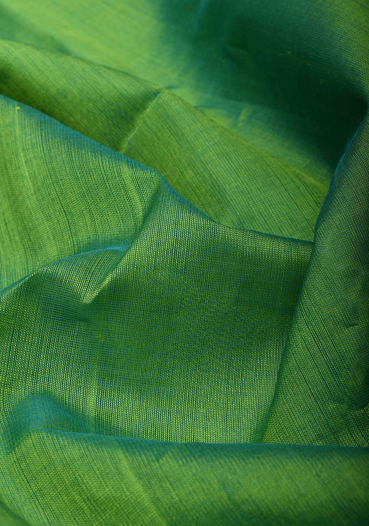 Korvai Handloom weave Green and Black Kanchi Silk Cotton Saree with Contrast Borders