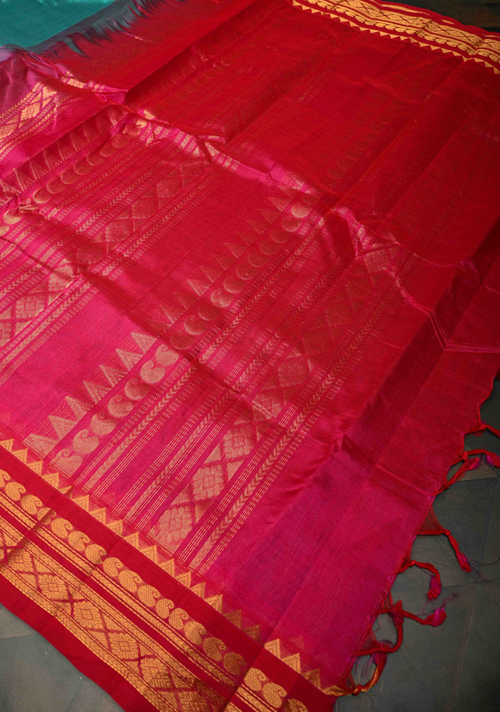 Korvai Handloom weave Dusty Teal and Red Kanchi Silk Cotton Saree with Contrast Borders