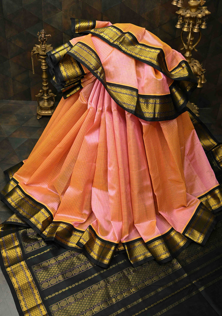 Peach Dual Tone With Black Kanchi Silk Cotton Saree with Podi Kattam Korvai Weave Handloom Saree