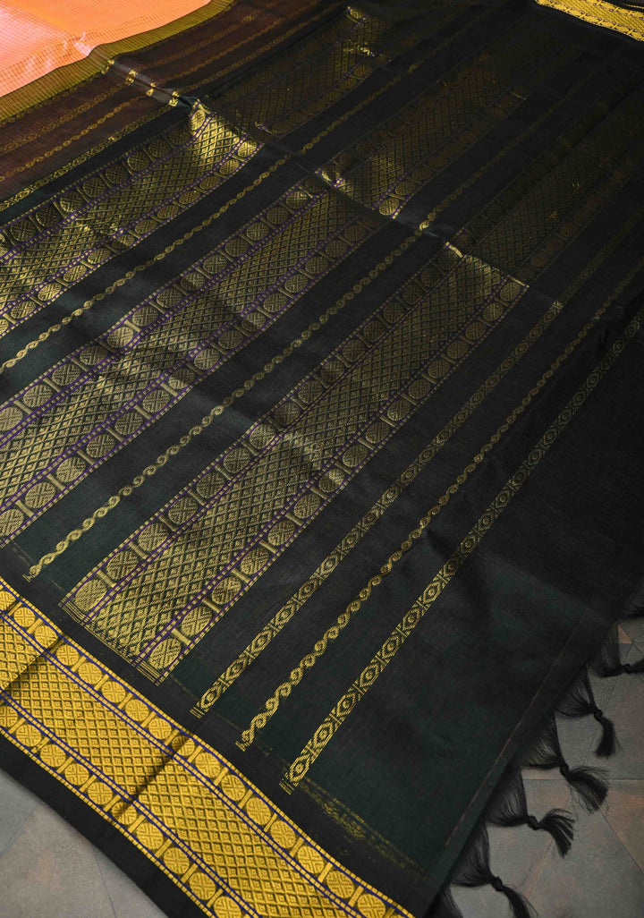 Peach Dual Tone With Black Kanchi Silk Cotton Saree with Podi Kattam Korvai Weave Handloom Saree