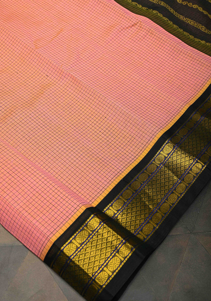 Peach Dual Tone With Black Kanchi Silk Cotton Saree with Podi Kattam Korvai Weave Handloom Saree