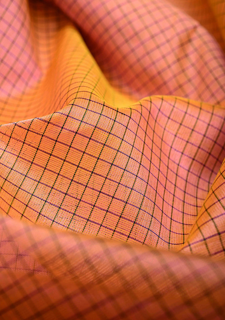 Peach Dual Tone With Black Kanchi Silk Cotton Saree with Podi Kattam Korvai Weave Handloom Saree