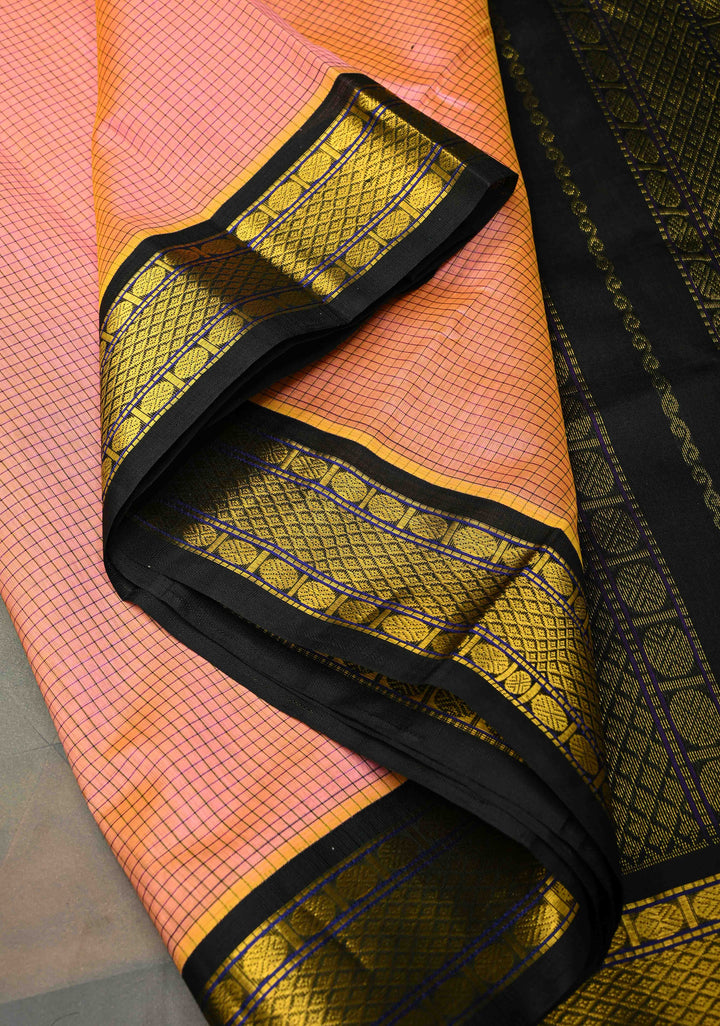 Peach Dual Tone With Black Kanchi Silk Cotton Saree with Podi Kattam Korvai Weave Handloom Saree