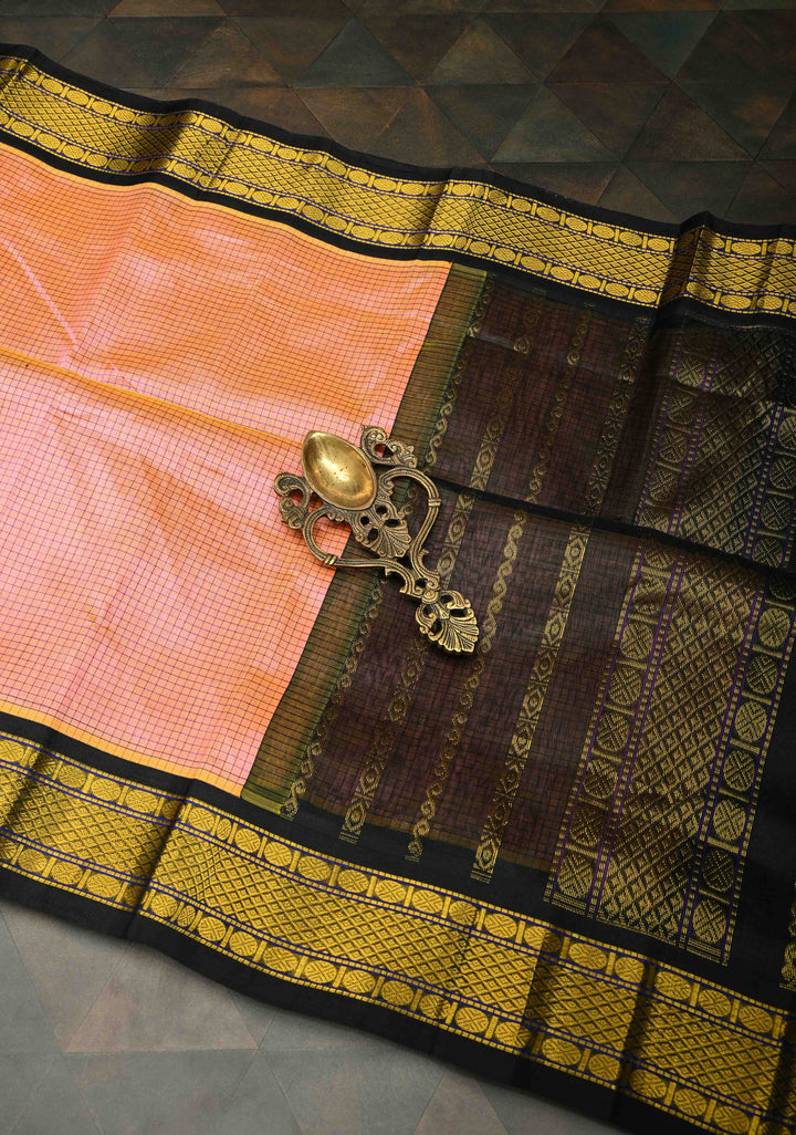 Peach Dual Tone With Black Kanchi Silk Cotton Saree with Podi Kattam Korvai Weave Handloom Saree