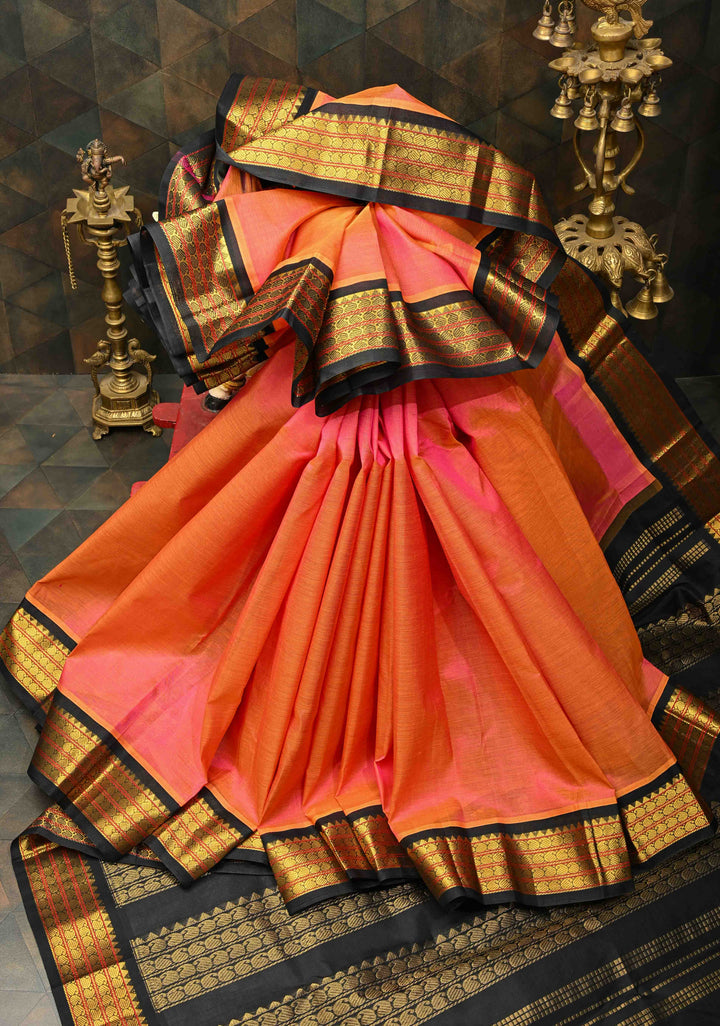 Kesari Dual Tone with Black Kanchi Silk Cotton Saree With Zari Border