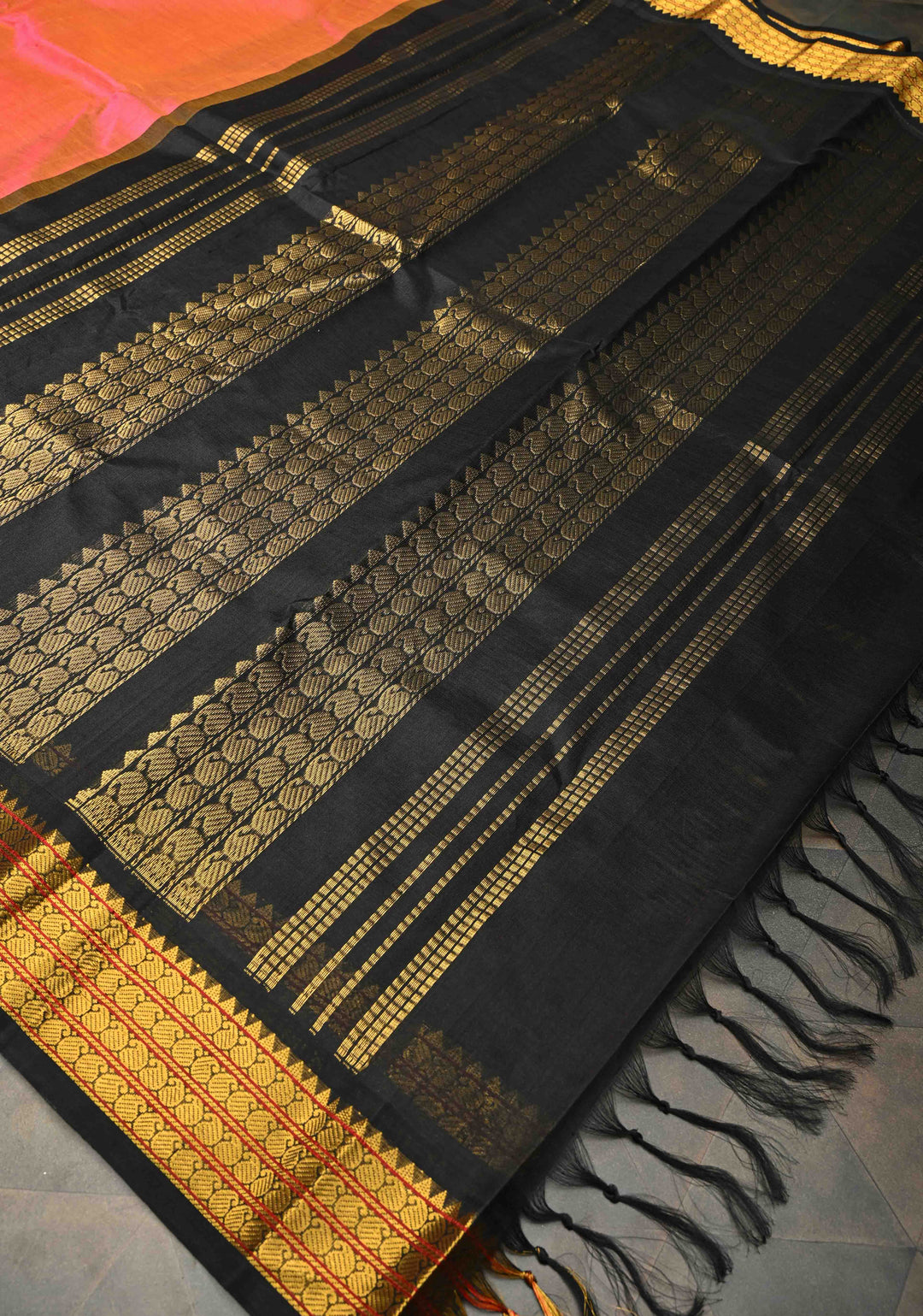 Kesari Dual Tone with Black Kanchi Silk Cotton Saree With Zari Border
