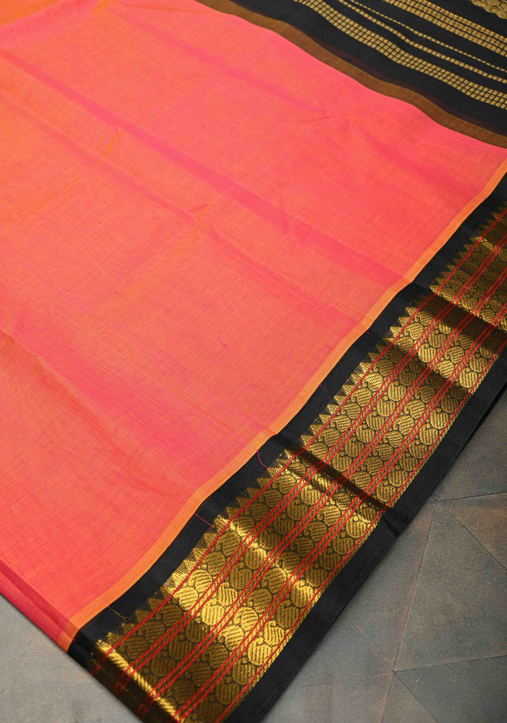 Kesari Dual Tone with Black Kanchi Silk Cotton Saree With Zari Border