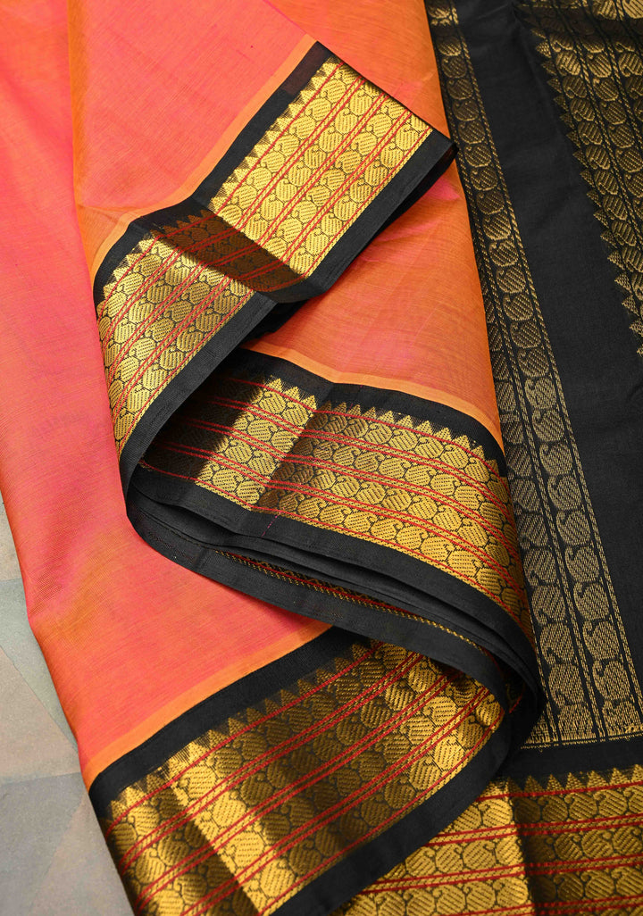 Kesari Dual Tone with Black Kanchi Silk Cotton Saree With Zari Border