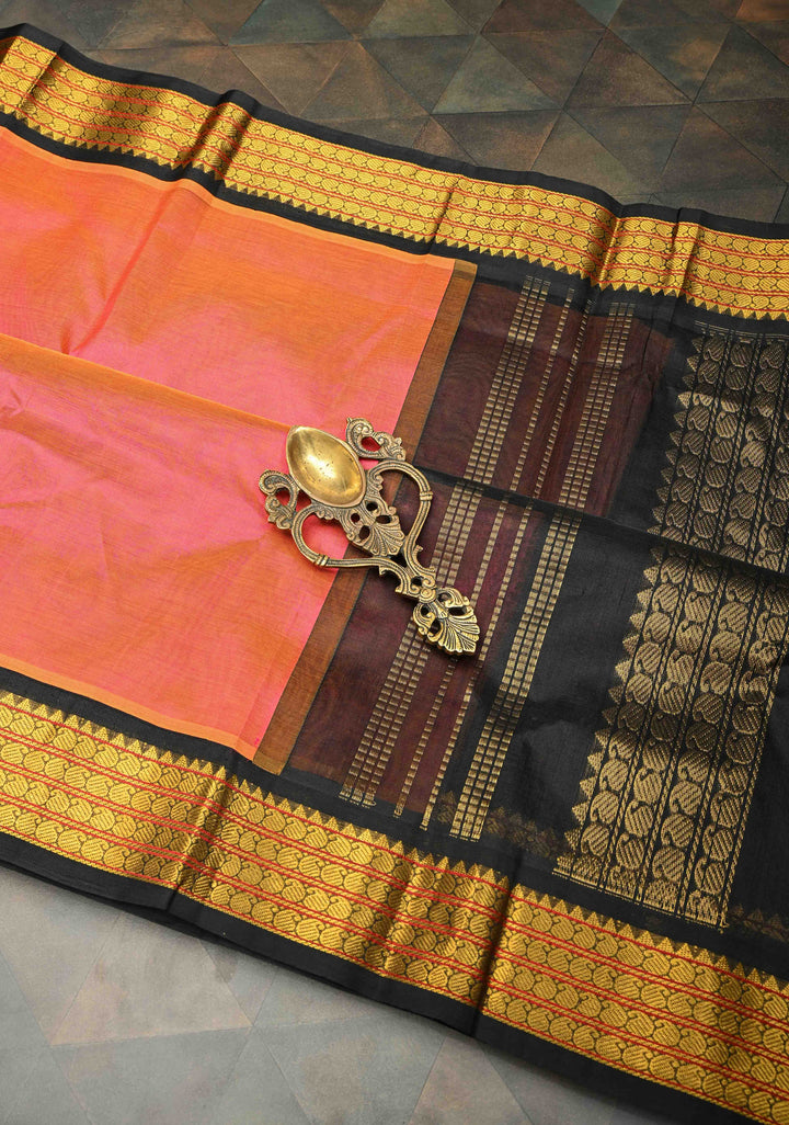 Kesari Dual Tone with Black Kanchi Silk Cotton Saree With Zari Border