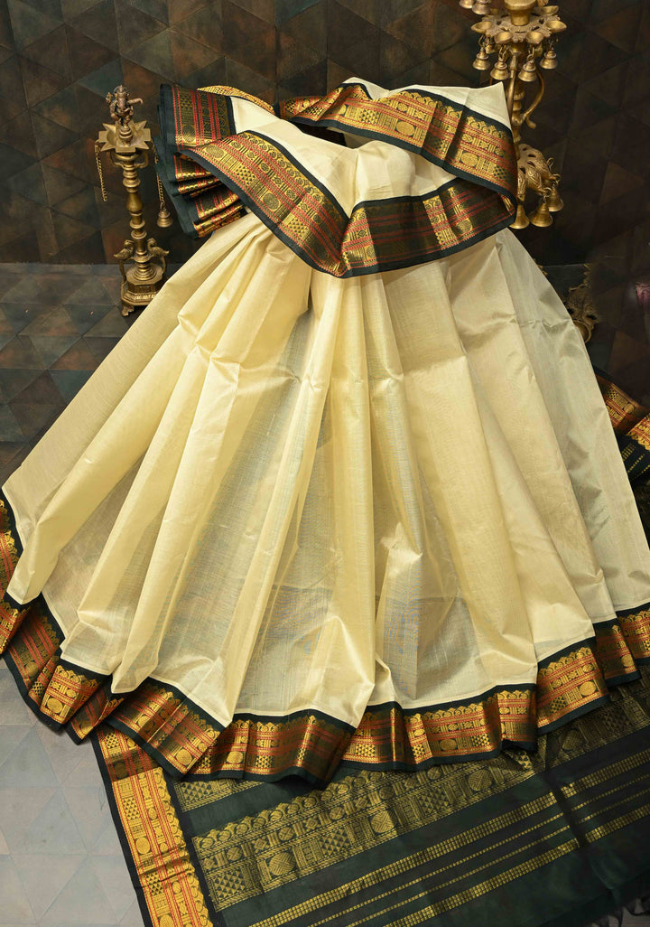 Korvai Kanchi Silk Cotton Saree in Ivory with Black With Zari Border