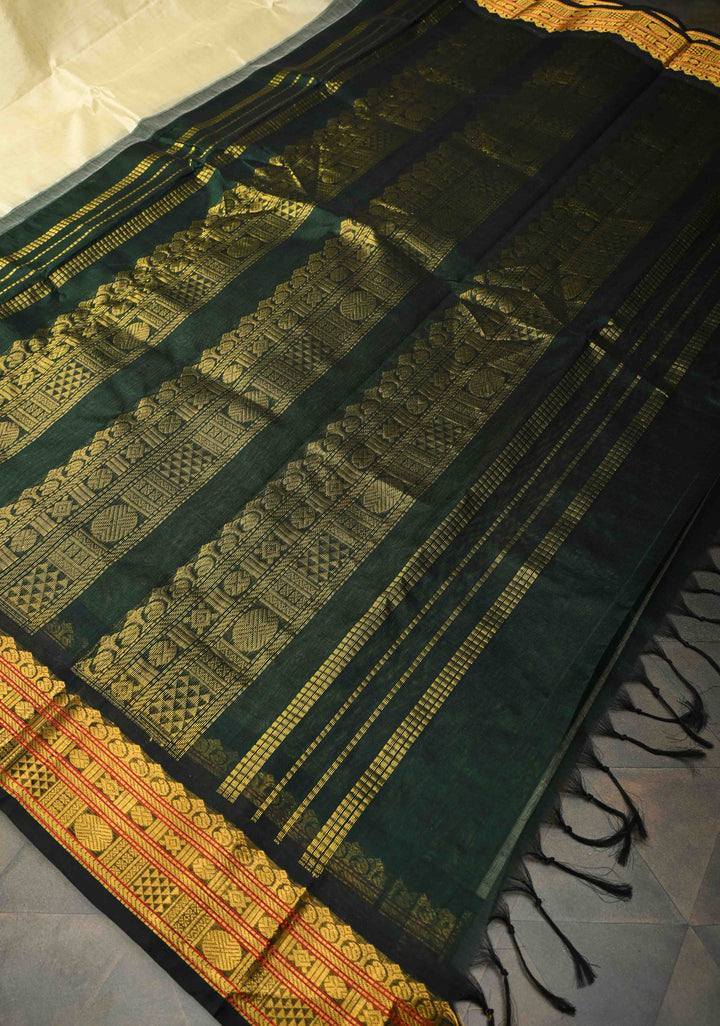 Korvai Kanchi Silk Cotton Saree in Ivory with Black With Zari Border
