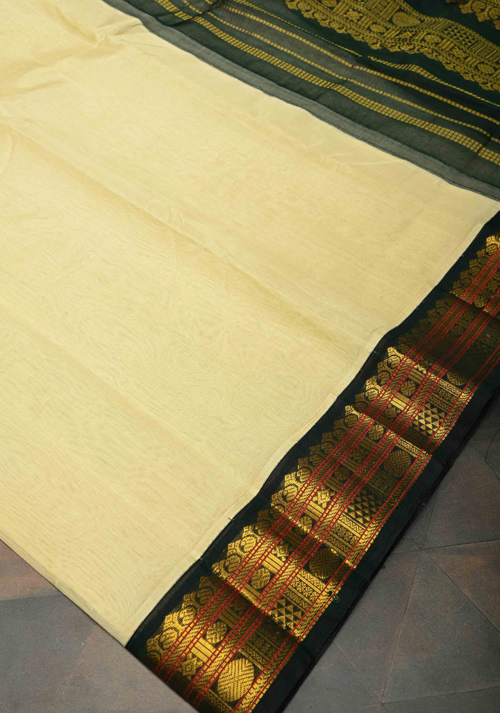 Korvai Kanchi Silk Cotton Saree in Ivory with Black With Zari Border