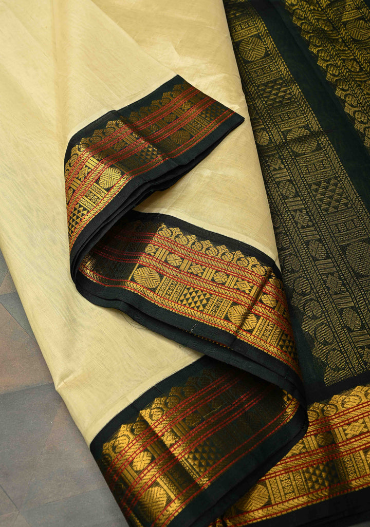 Korvai Kanchi Silk Cotton Saree in Ivory with Black With Zari Border