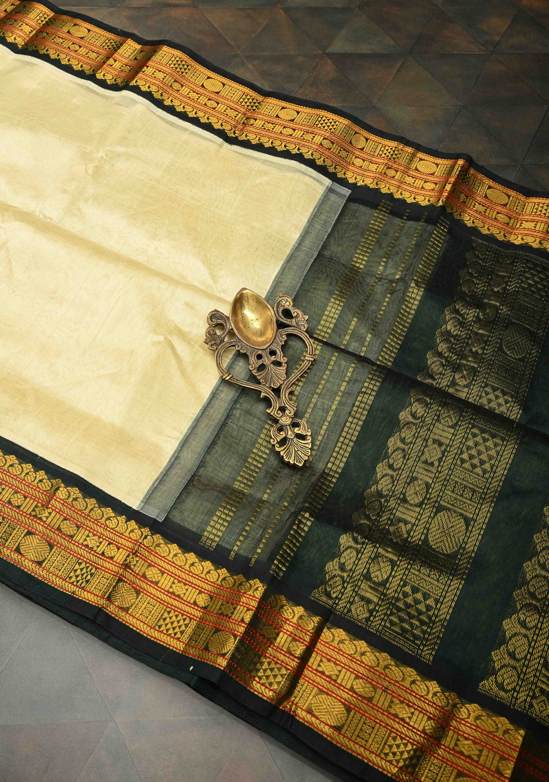Korvai Kanchi Silk Cotton Saree in Ivory with Black With Zari Border