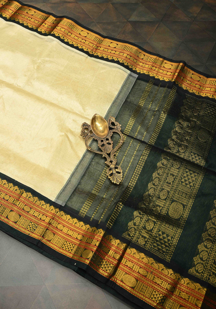 Korvai Kanchi Silk Cotton Saree in Ivory with Black With Zari Border