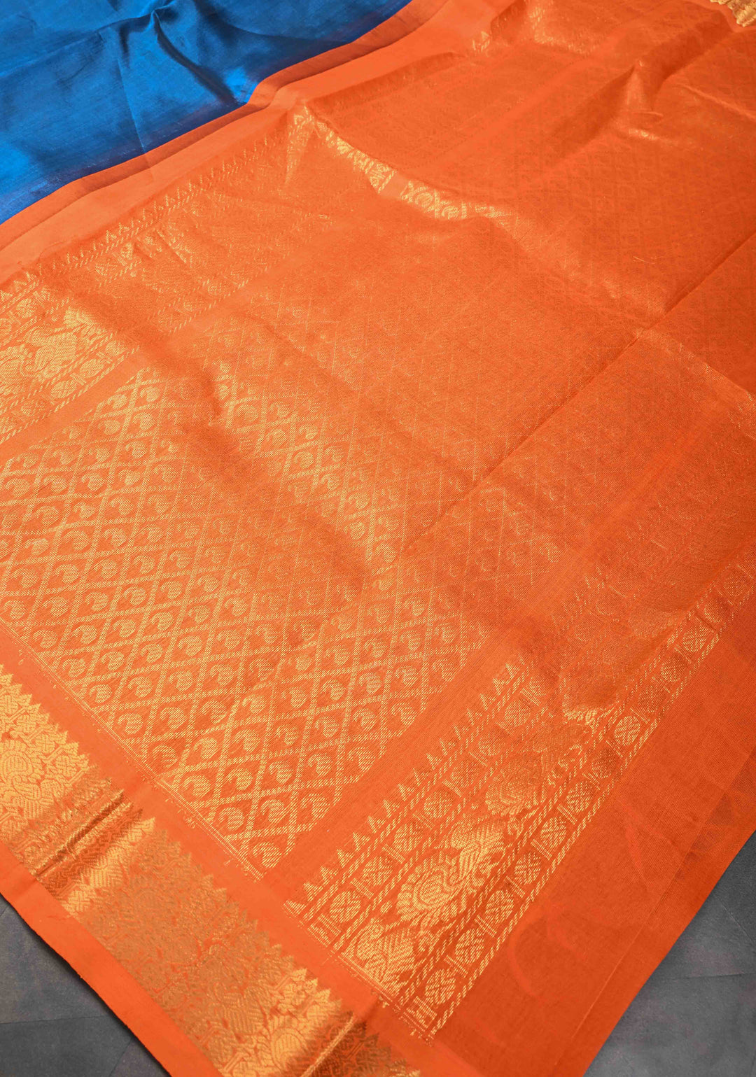 Peacock Blue Kanchi Silk Cotton Saree with Contrast Zari Border, 100% Handloom