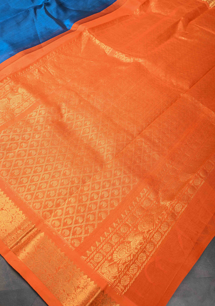 Peacock Blue Kanchi Silk Cotton Saree with Contrast Zari Border, 100% Handloom