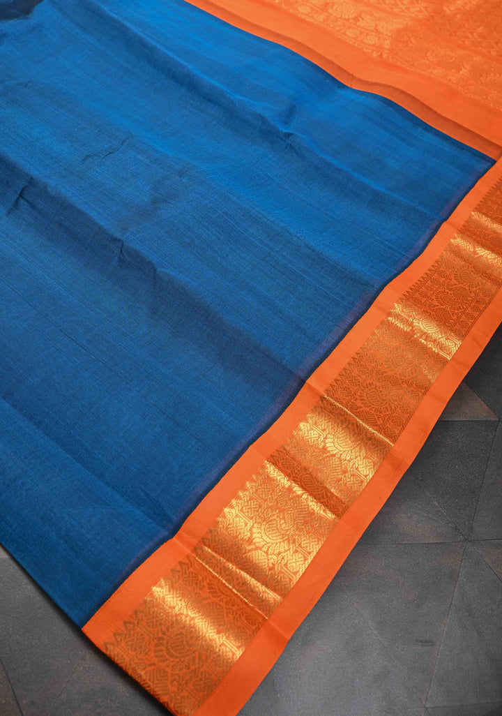 Peacock Blue Kanchi Silk Cotton Saree with Contrast Zari Border, 100% Handloom