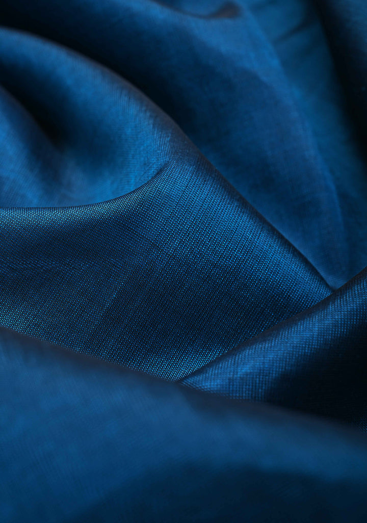 Peacock Blue Kanchi Silk Cotton Saree with Contrast Zari Border, 100% Handloom