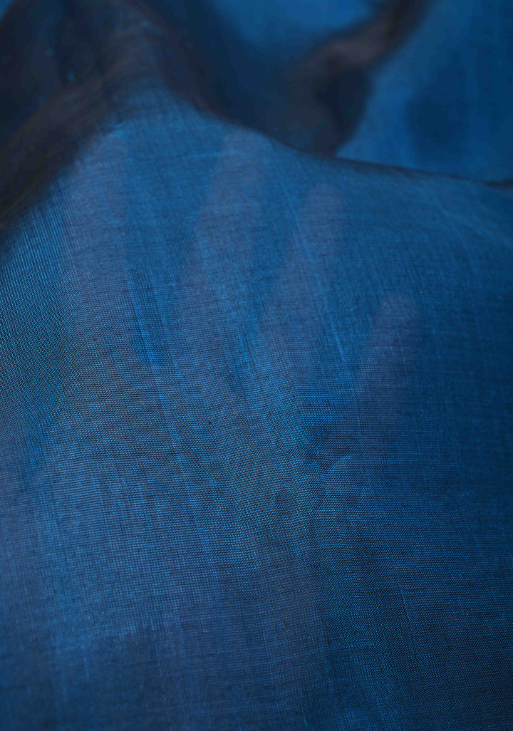 Peacock Blue Kanchi Silk Cotton Saree with Contrast Zari Border, 100% Handloom