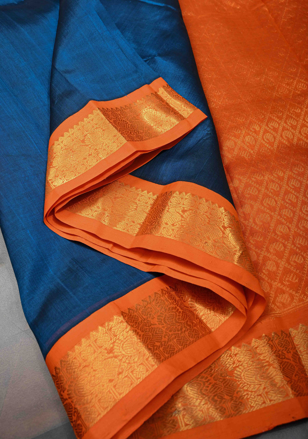 Peacock Blue Kanchi Silk Cotton Saree with Contrast Zari Border, 100% Handloom