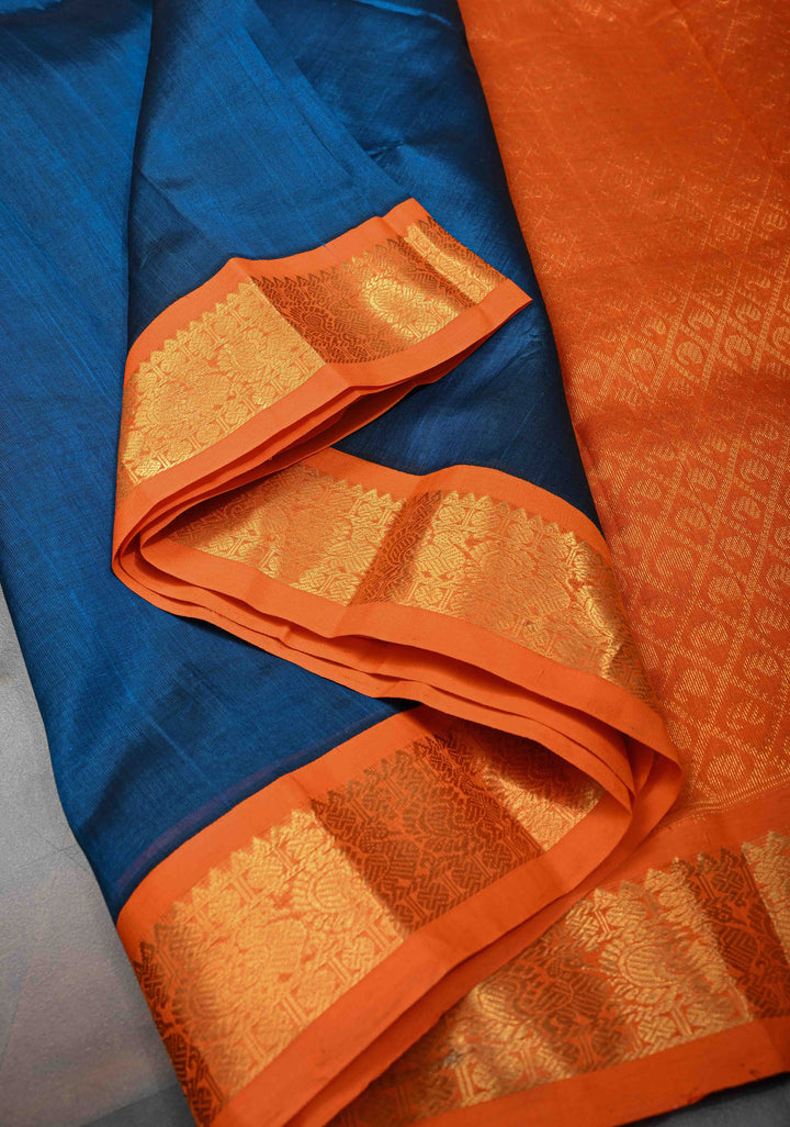 Peacock Blue Kanchi Silk Cotton Saree with Contrast Zari Border, 100% Handloom