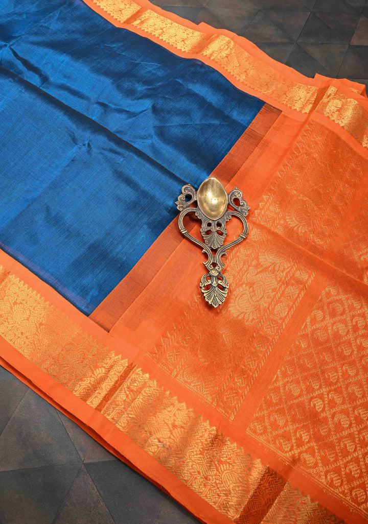 Peacock Blue Kanchi Silk Cotton Saree with Contrast Zari Border, 100% Handloom